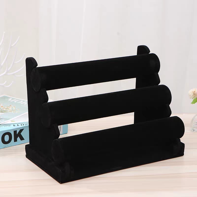 3-Tier Velvet Jewelry Display Stand - Black Bracelet & Watch Organizer