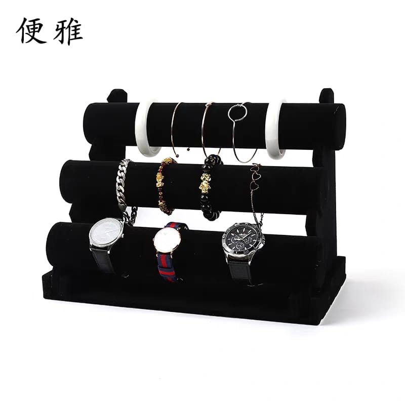 3-Tier Velvet Jewelry Display Stand - Black Bracelet & Watch Organizer