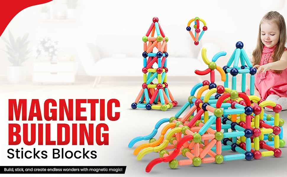 Magnetic  Sticks 64PCs 3D Building Blocks STEM Construction Playboards Creativity, Imagination, Recreational, Educational for Children Toddler, 3+ Year Old Boys and Girls Magnetic Building Sticks