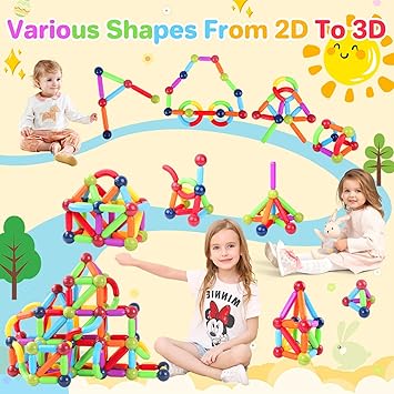 Magnetic  Sticks 64PCs 3D Building Blocks STEM Construction Playboards Creativity, Imagination, Recreational, Educational for Children Toddler, 3+ Year Old Boys and Girls Magnetic Building Sticks
