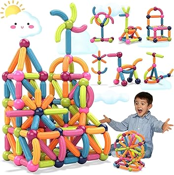 Magnetic  Sticks 64PCs 3D Building Blocks STEM Construction Playboards Creativity, Imagination, Recreational, Educational for Children Toddler, 3+ Year Old Boys and Girls Magnetic Building Sticks