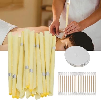 Earwax Removal kit, Beeswax Cotton Soft Safe Regulates Body Balance Fatigue Relief Wax Remover Kit 10pcs Ear Wax Candle Cotton Swab Ear Care Protective Disk for Home Beauty Salon