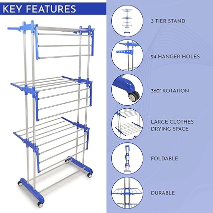Heavy Duty Rust-Free Stainless Steel Double Pole Cloth Drying Stand Clothes Dryer Stands Laundry Racks with Wheels for Indoor , Outdoor Balcony (Navy Blue Drying Stand)Heavy Duty Rust-Free Stainless