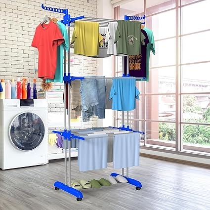 Heavy Duty Rust-Free Stainless Steel Double Pole Cloth Drying Stand Clothes Dryer Stands Laundry Racks with Wheels for Indoor , Outdoor Balcony (Navy Blue Drying Stand)Heavy Duty Rust-Free Stainless