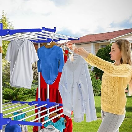Heavy Duty Rust-Free Stainless Steel Double Pole Cloth Drying Stand Clothes Dryer Stands Laundry Racks with Wheels for Indoor , Outdoor Balcony (Navy Blue Drying Stand)Heavy Duty Rust-Free Stainless