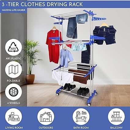 Heavy Duty Rust-Free Stainless Steel Double Pole Cloth Drying Stand Clothes Dryer Stands Laundry Racks with Wheels for Indoor , Outdoor Balcony (Navy Blue Drying Stand)Heavy Duty Rust-Free Stainless