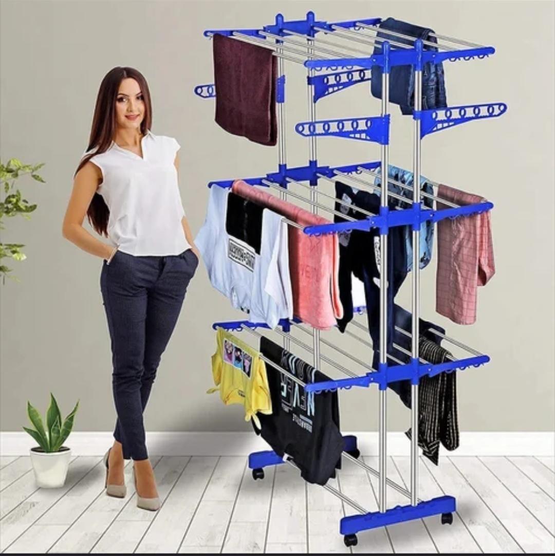 Heavy Duty Rust-Free Stainless Steel Double Pole Cloth Drying Stand Clothes Dryer Stands Laundry Racks with Wheels for Indoor , Outdoor Balcony (Navy Blue Drying Stand)Heavy Duty Rust-Free Stainless