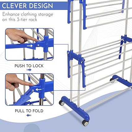 Heavy Duty Rust-Free Stainless Steel Double Pole Cloth Drying Stand Clothes Dryer Stands Laundry Racks with Wheels for Indoor , Outdoor Balcony (Navy Blue Drying Stand)Heavy Duty Rust-Free Stainless