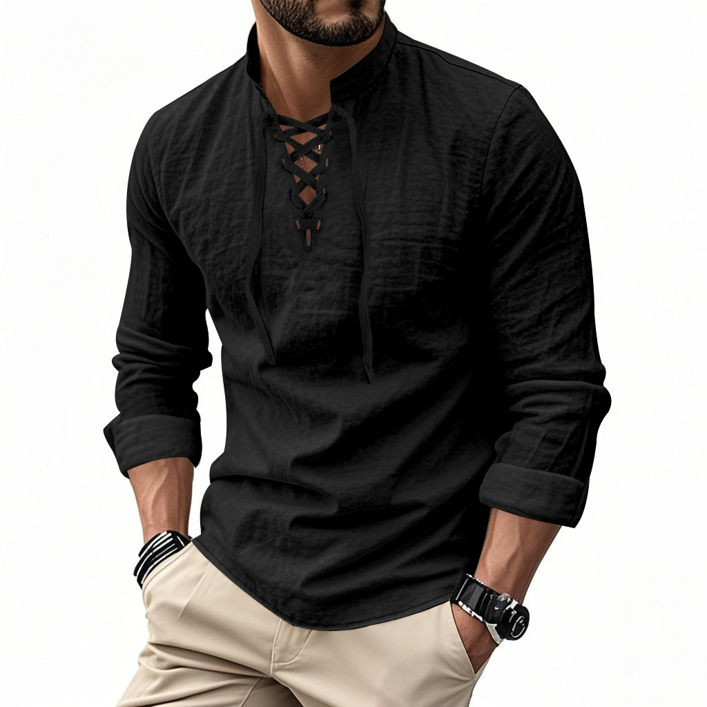 Clothes > Men's Clothing > Tops > T-Shirts  Men's Linen Button Down Long Sleeve Stand Collar Shirt S-3XL