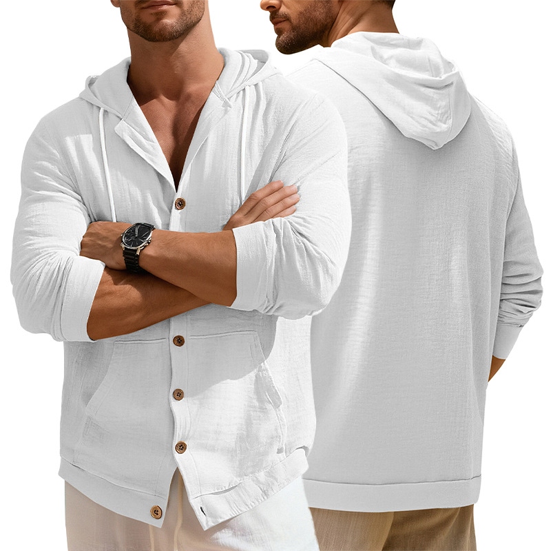 Clothes > Men's Clothing > Tops > Jackets & Coats  European and American spring and autumn men's button-down shirts loose cotton and linen casual cardigan beach hooded long-sleeved jacket