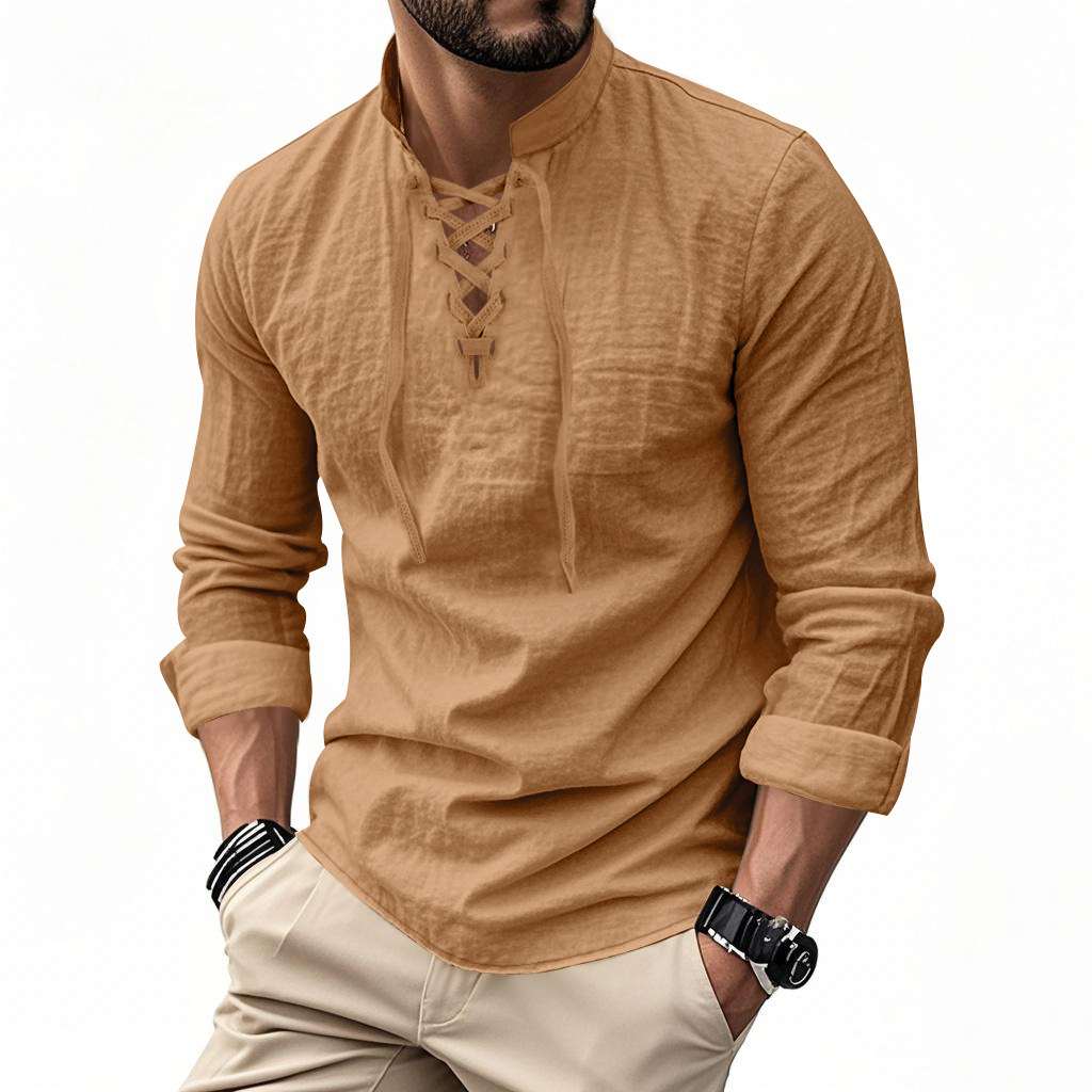 Clothes > Men's Clothing > Tops > T-Shirts  Men's Linen Button Down Long Sleeve Stand Collar Shirt S-3XL