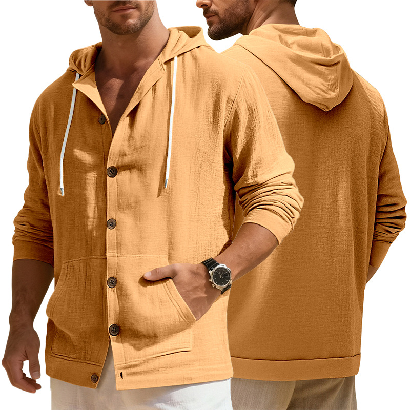 Clothes > Men's Clothing > Tops > Jackets & Coats  European and American spring and autumn men's button-down shirts loose cotton and linen casual cardigan beach hooded long-sleeved jacket