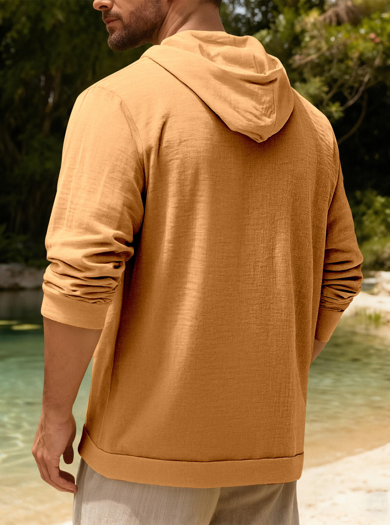 Clothes > Men's Clothing > Tops > Jackets & Coats  European and American spring and autumn men's button-down shirts loose cotton and linen casual cardigan beach hooded long-sleeved jacket