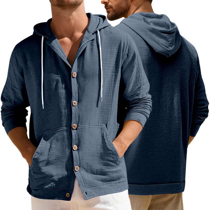 Clothes > Men's Clothing > Tops > Jackets & Coats  European and American spring and autumn men's button-down shirts loose cotton and linen casual cardigan beach hooded long-sleeved jacket
