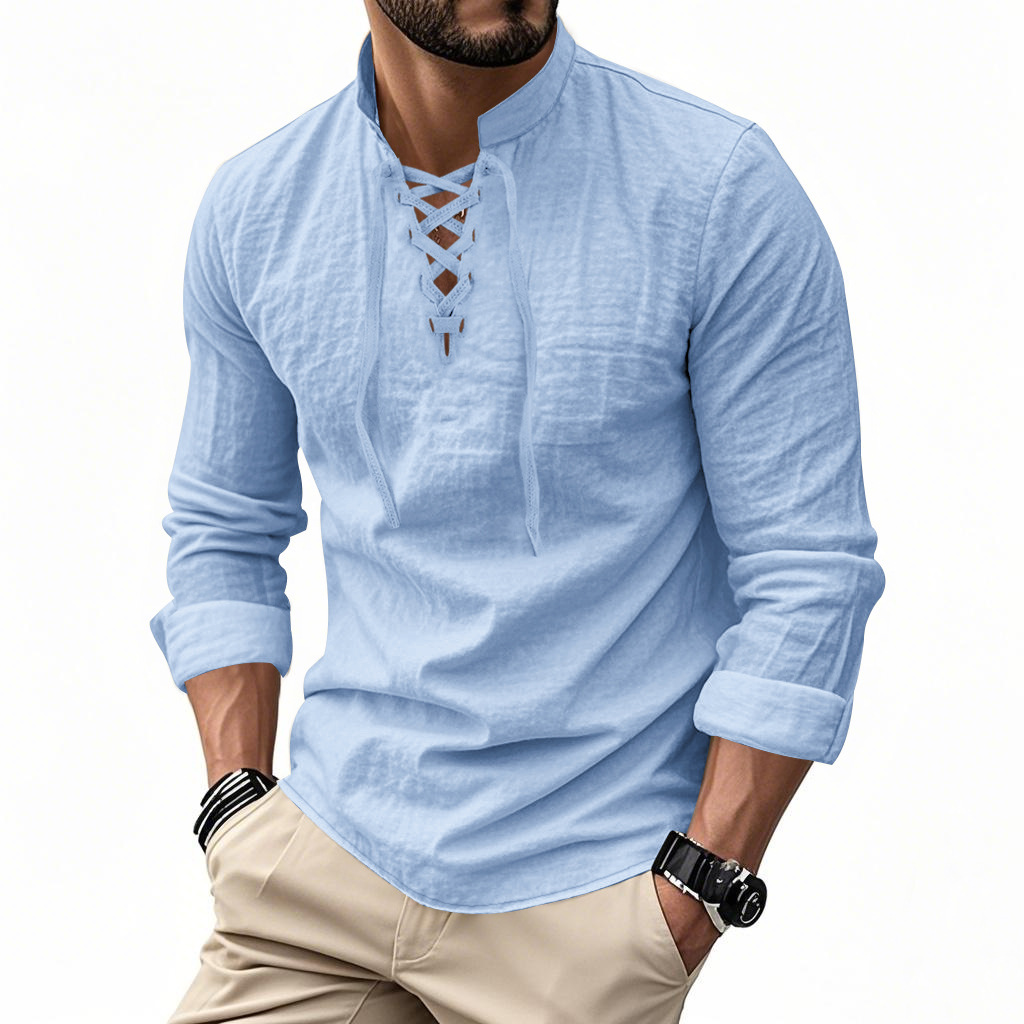 Clothes > Men's Clothing > Tops > T-Shirts  Men's Linen Button Down Long Sleeve Stand Collar Shirt S-3XL