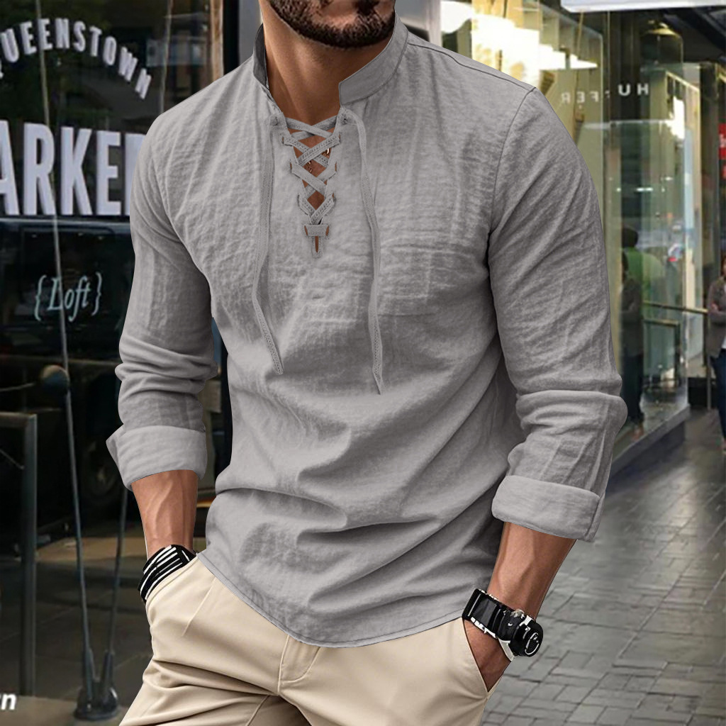 Clothes > Men's Clothing > Tops > T-Shirts  Men's Linen Button Down Long Sleeve Stand Collar Shirt S-3XL