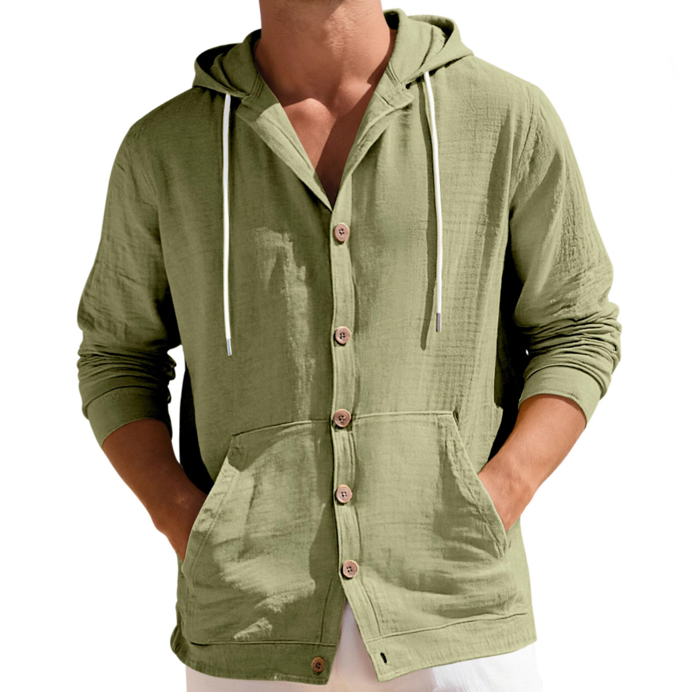Clothes > Men's Clothing > Tops > Jackets & Coats  European and American spring and autumn men's button-down shirts loose cotton and linen casual cardigan beach hooded long-sleeved jacket