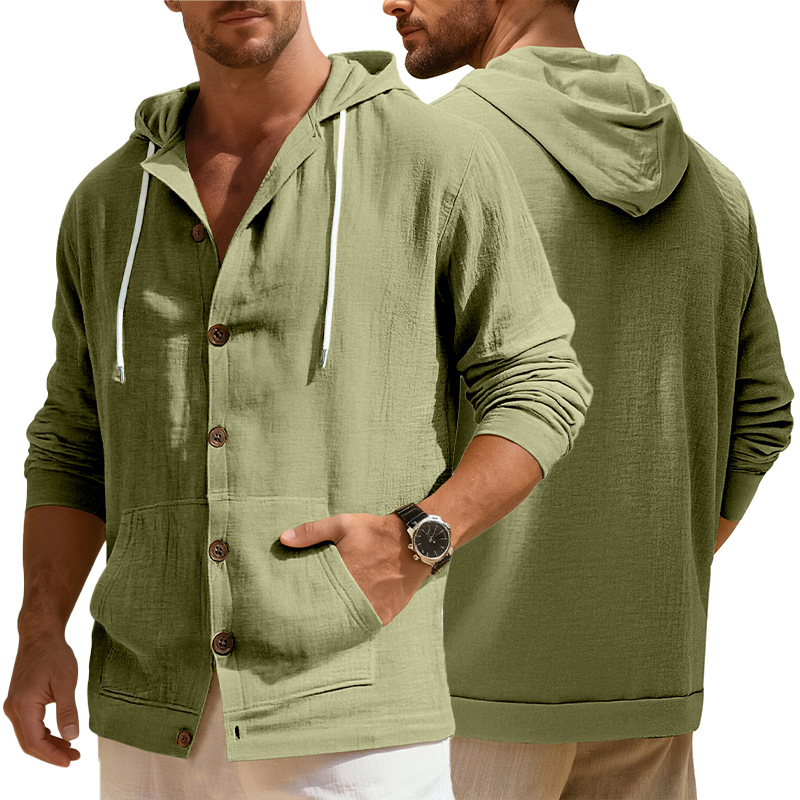 Clothes > Men's Clothing > Tops > Jackets & Coats  European and American spring and autumn men's button-down shirts loose cotton and linen casual cardigan beach hooded long-sleeved jacket