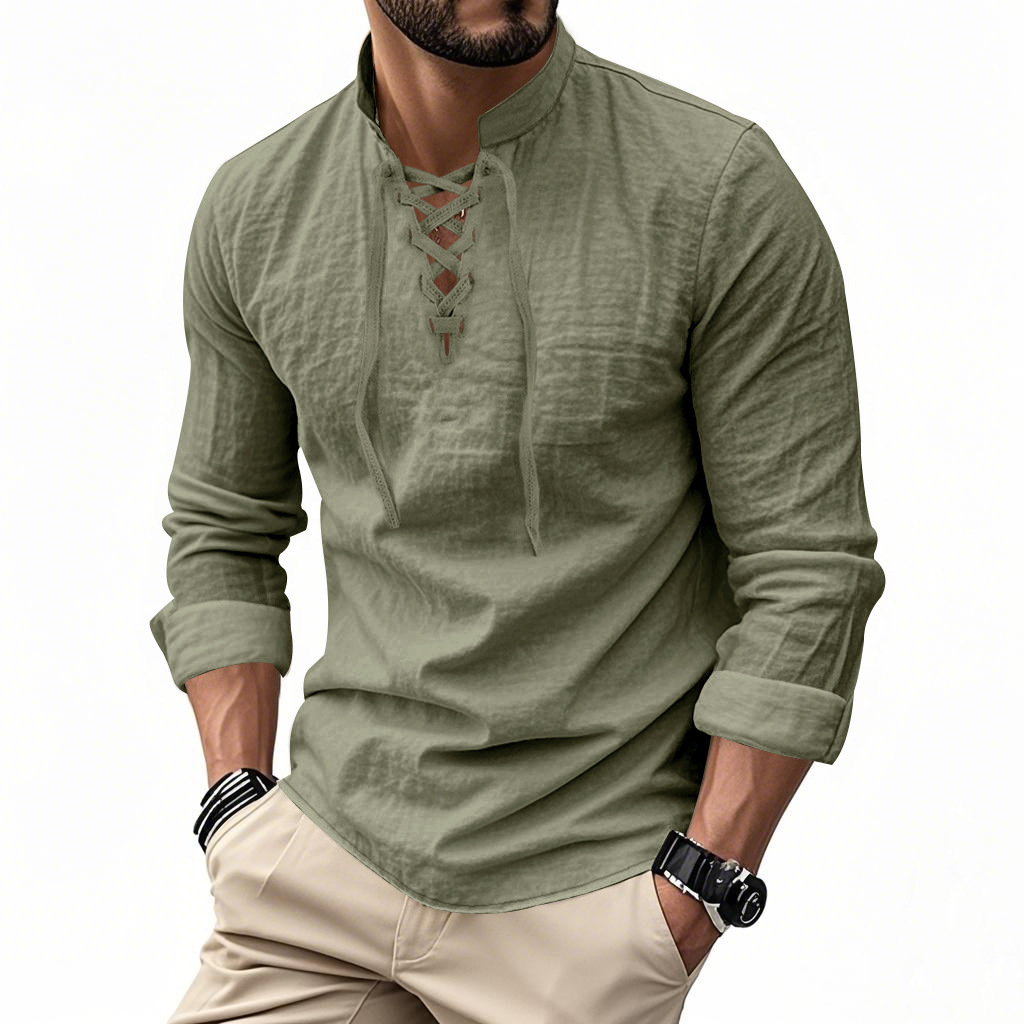 Clothes > Men's Clothing > Tops > T-Shirts  Men's Linen Button Down Long Sleeve Stand Collar Shirt S-3XL