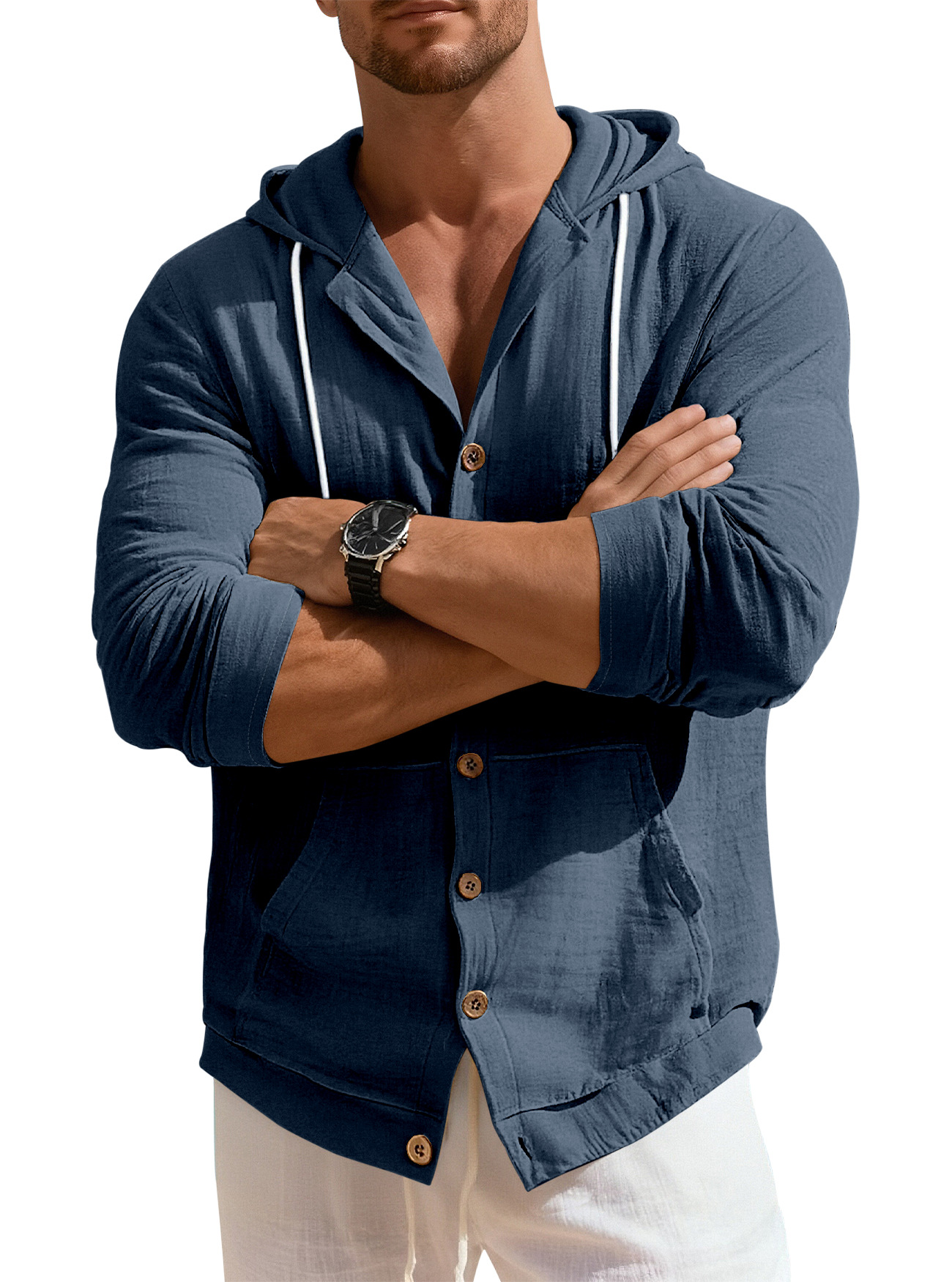 Clothes > Men's Clothing > Tops > Jackets & Coats  European and American spring and autumn men's button-down shirts loose cotton and linen casual cardigan beach hooded long-sleeved jacket