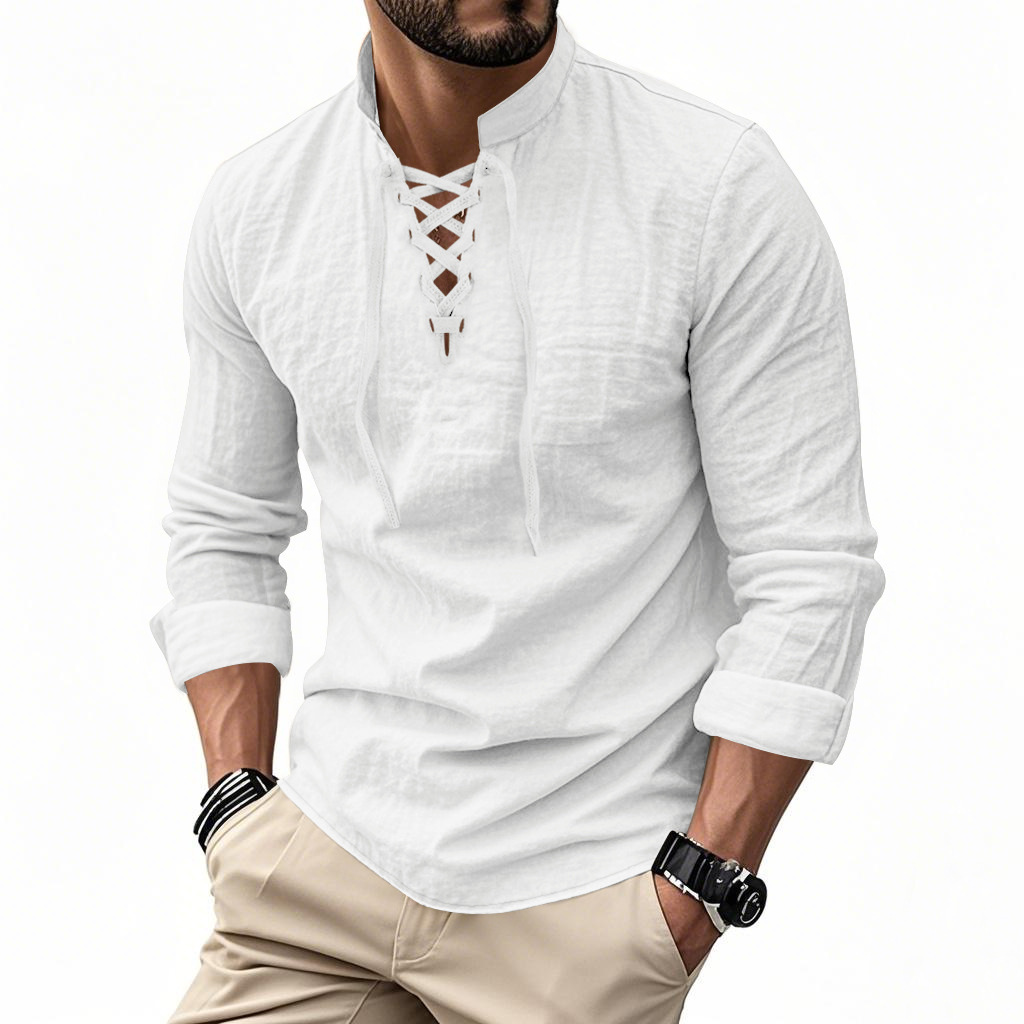 Clothes > Men's Clothing > Tops > T-Shirts  Men's Linen Button Down Long Sleeve Stand Collar Shirt S-3XL