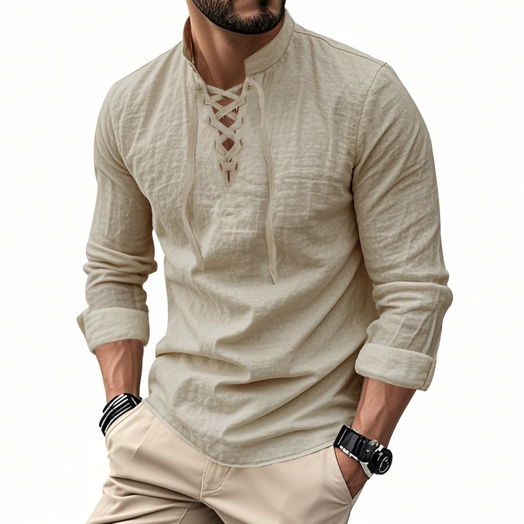 Clothes > Men's Clothing > Tops > T-Shirts  Men's Linen Button Down Long Sleeve Stand Collar Shirt S-3XL