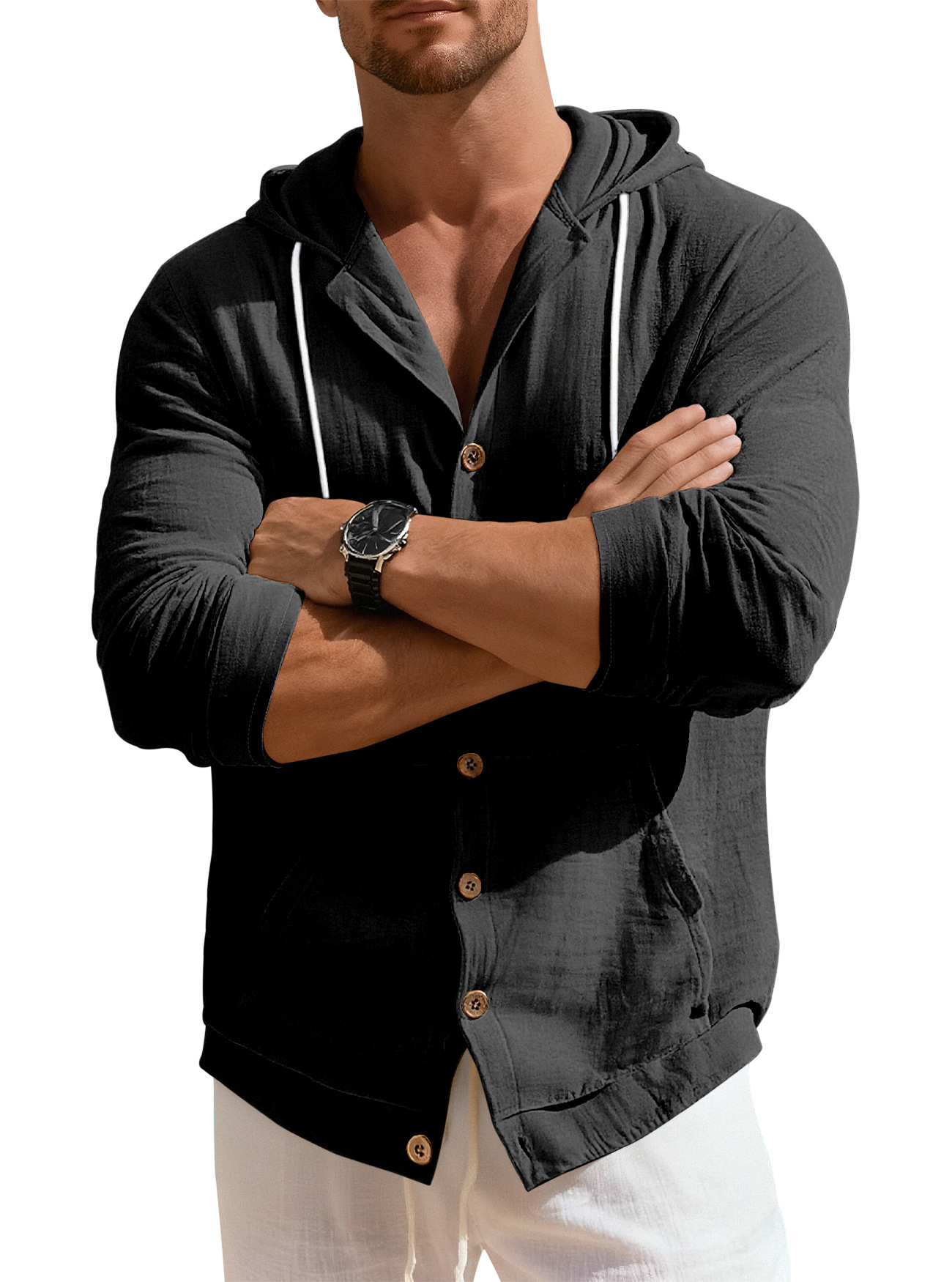 Clothes > Men's Clothing > Tops > Jackets & Coats  European and American spring and autumn men's button-down shirts loose cotton and linen casual cardigan beach hooded long-sleeved jacket