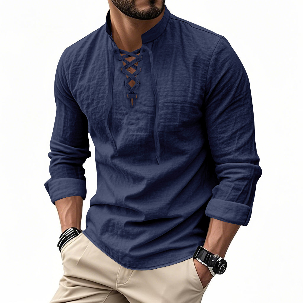Clothes > Men's Clothing > Tops > T-Shirts  Men's Linen Button Down Long Sleeve Stand Collar Shirt S-3XL
