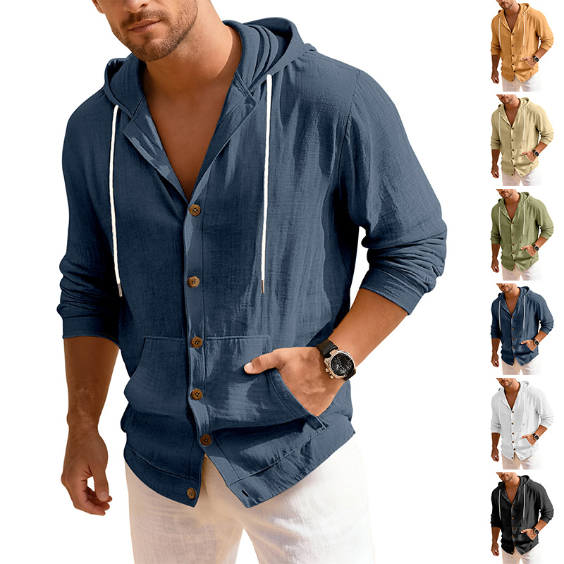 Clothes > Men's Clothing > Tops > Jackets & Coats  European and American spring and autumn men's button-down shirts loose cotton and linen casual cardigan beach hooded long-sleeved jacket