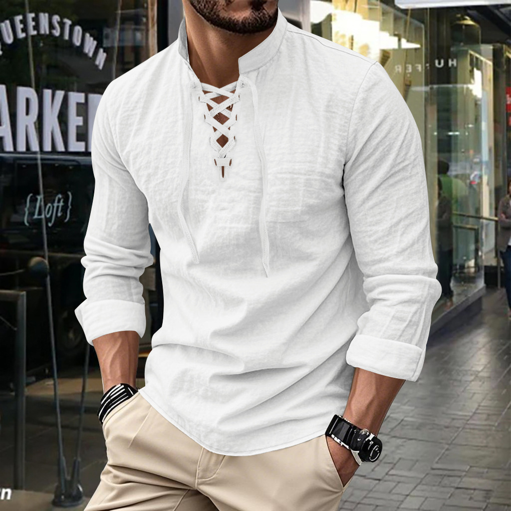 Clothes > Men's Clothing > Tops > T-Shirts  Men's Linen Button Down Long Sleeve Stand Collar Shirt S-3XL