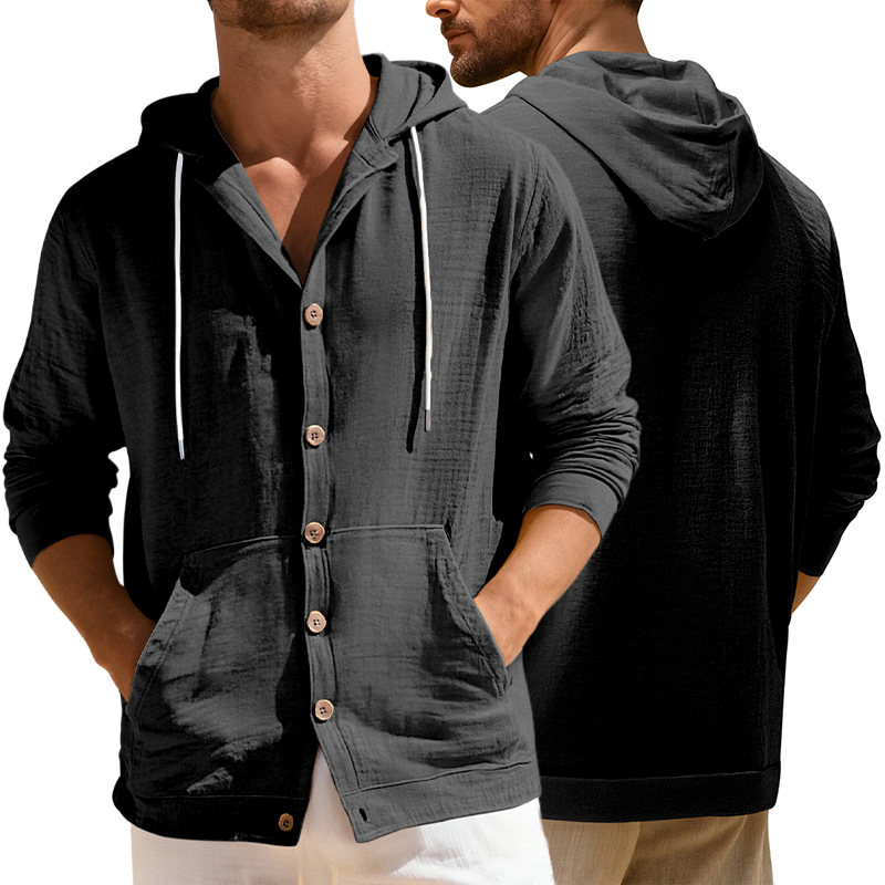 Clothes > Men's Clothing > Tops > Jackets & Coats  European and American spring and autumn men's button-down shirts loose cotton and linen casual cardigan beach hooded long-sleeved jacket