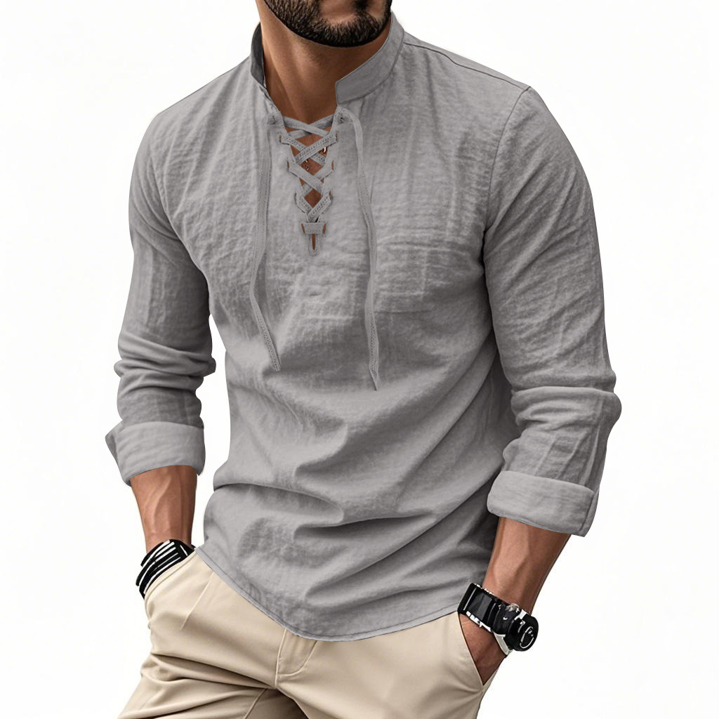 Clothes > Men's Clothing > Tops > T-Shirts  Men's Linen Button Down Long Sleeve Stand Collar Shirt S-3XL