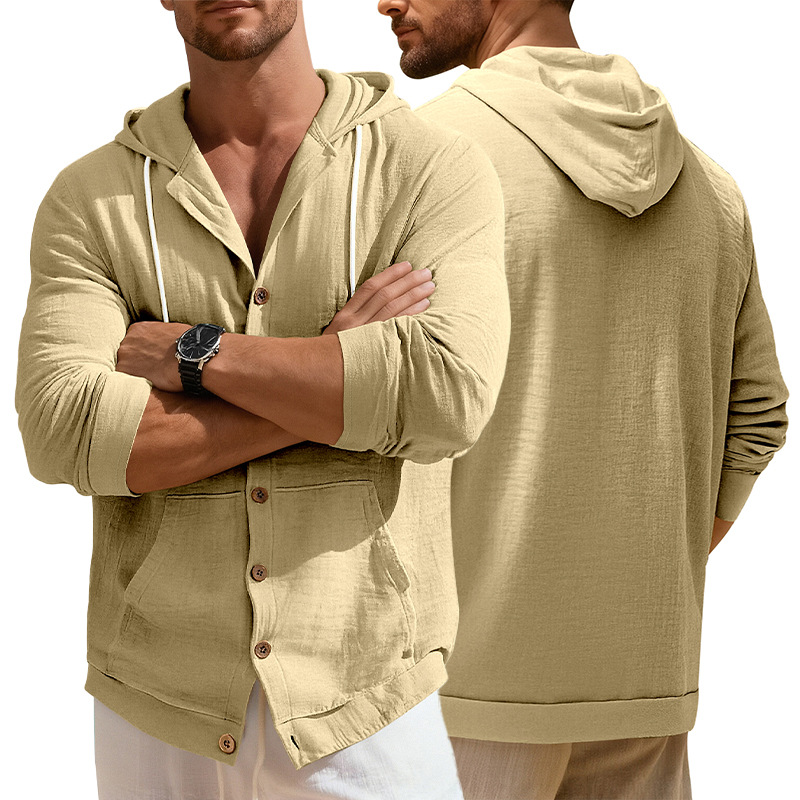 Clothes > Men's Clothing > Tops > Jackets & Coats  European and American spring and autumn men's button-down shirts loose cotton and linen casual cardigan beach hooded long-sleeved jacket