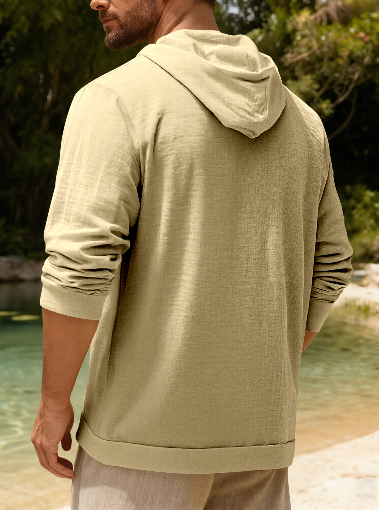 Clothes > Men's Clothing > Tops > Jackets & Coats  European and American spring and autumn men's button-down shirts loose cotton and linen casual cardigan beach hooded long-sleeved jacket