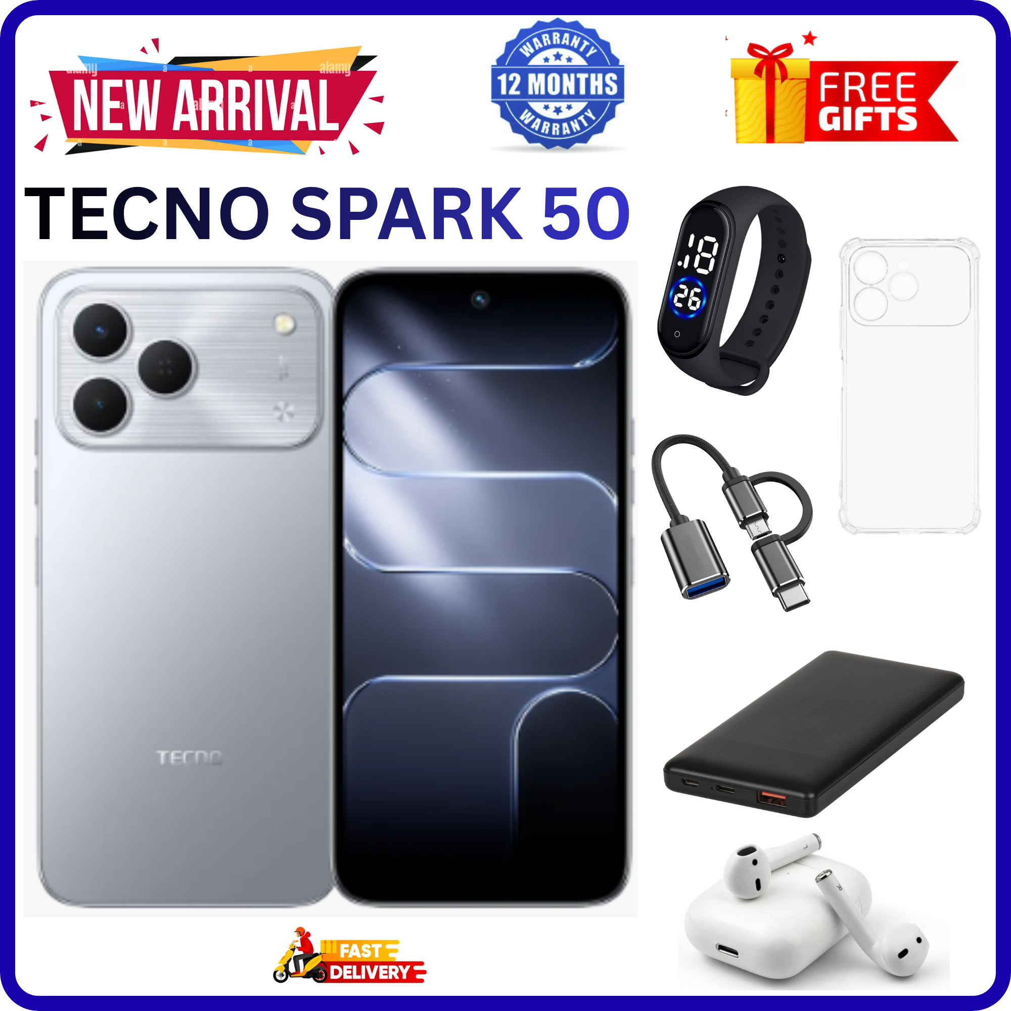 NEW ARRIVALS!!!! BRAND NEW TECNO SPARK 50 4G SMARTPHONE 128GB ROM+ 4GB RAM 6.78" INCH SCREEN 120Hz REFRESH RATE 6700mAh Battery 18W FAST CHARGING, 50MP CAMERA, 8MP