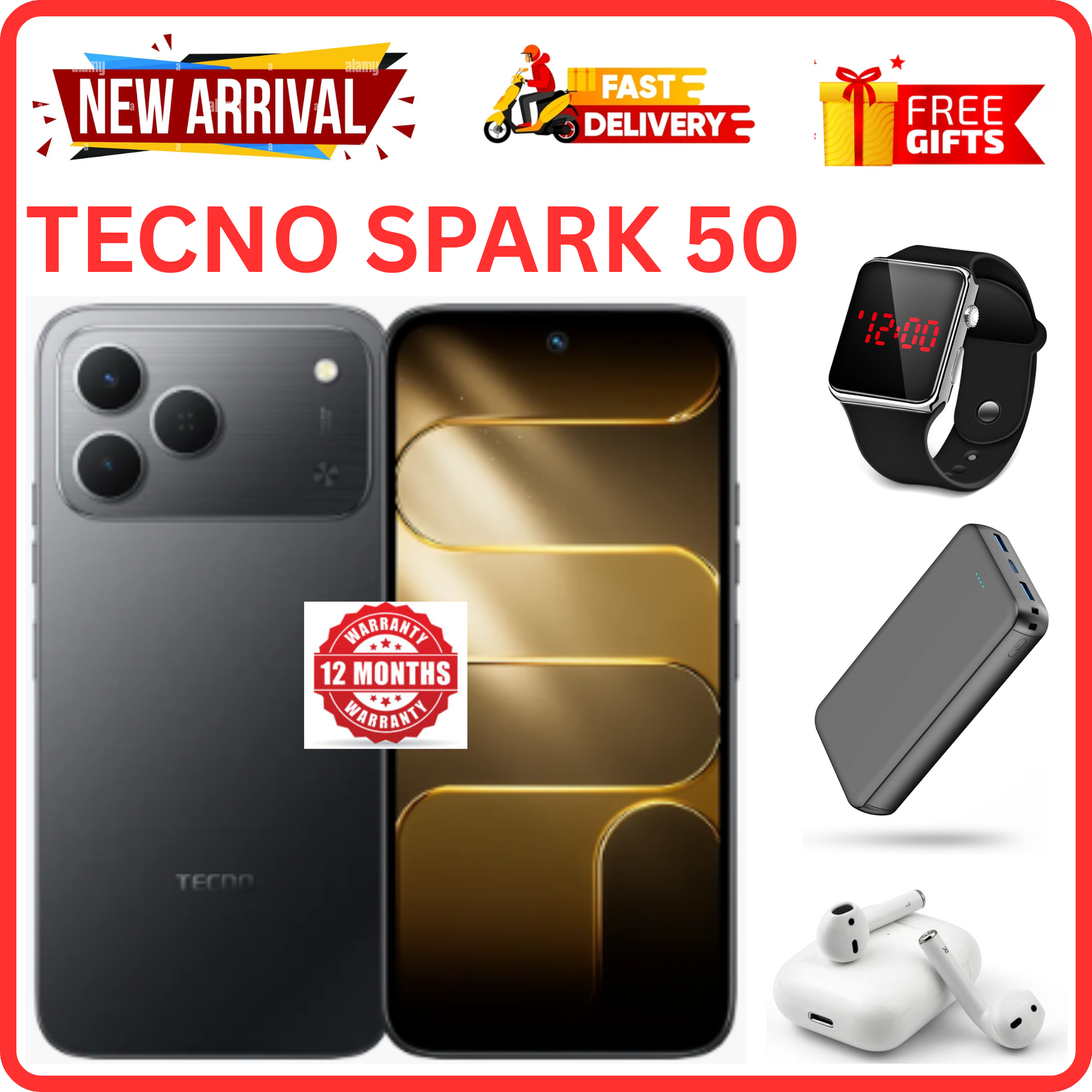 NEW ARRIVALS!!!! BRAND NEW TECNO SPARK 50 4G SMARTPHONE 128GB ROM+ 4GB RAM 6.78" INCH SCREEN 120Hz REFRESH RATE 6700mAh Battery 18W FAST CHARGING, 50MP CAMERA, 8MP