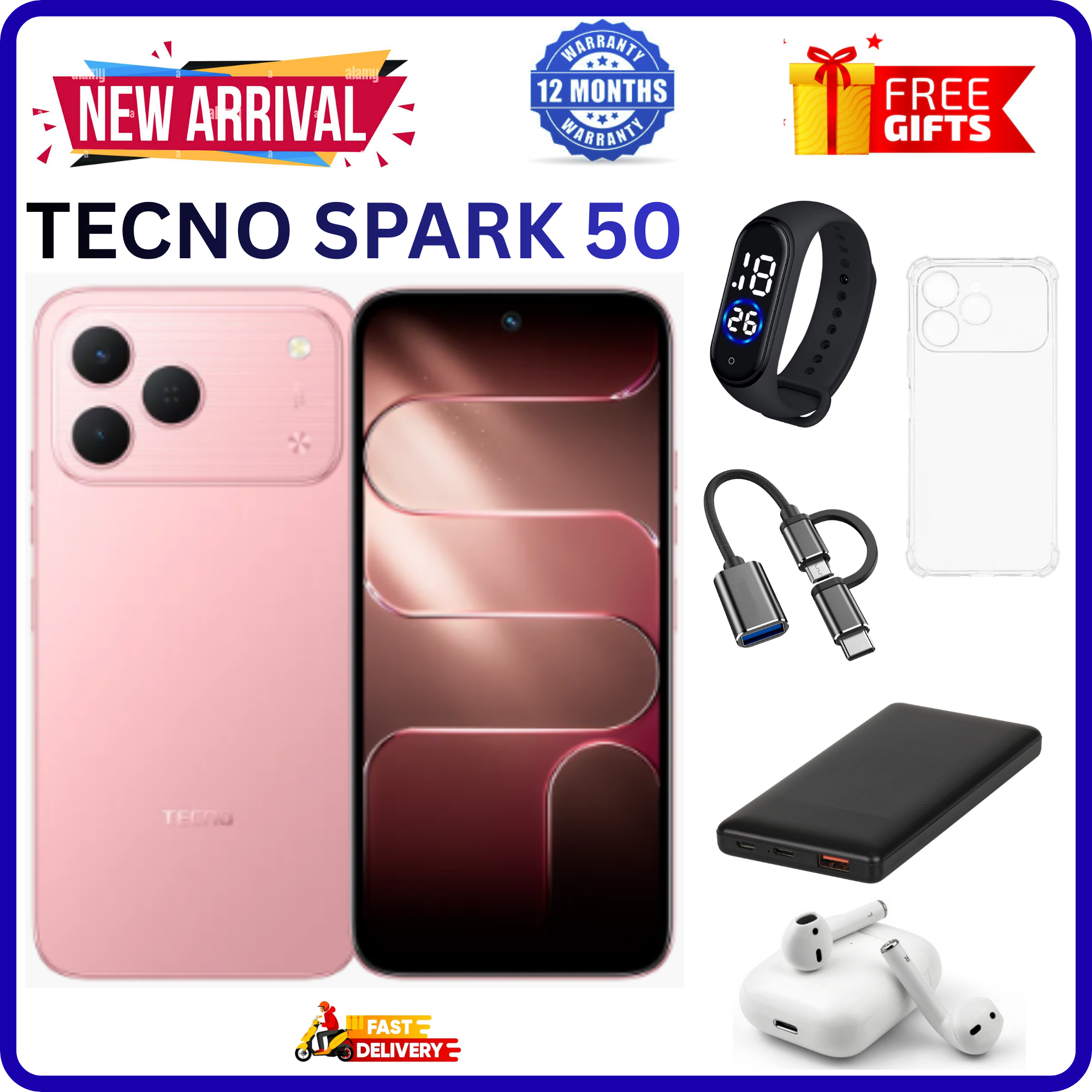 NEW ARRIVALS!!!! BRAND NEW TECNO SPARK 50 4G SMARTPHONE 128GB ROM+ 4GB RAM 6.78" INCH SCREEN 120Hz REFRESH RATE 6700mAh Battery 18W FAST CHARGING, 50MP CAMERA, 8MP