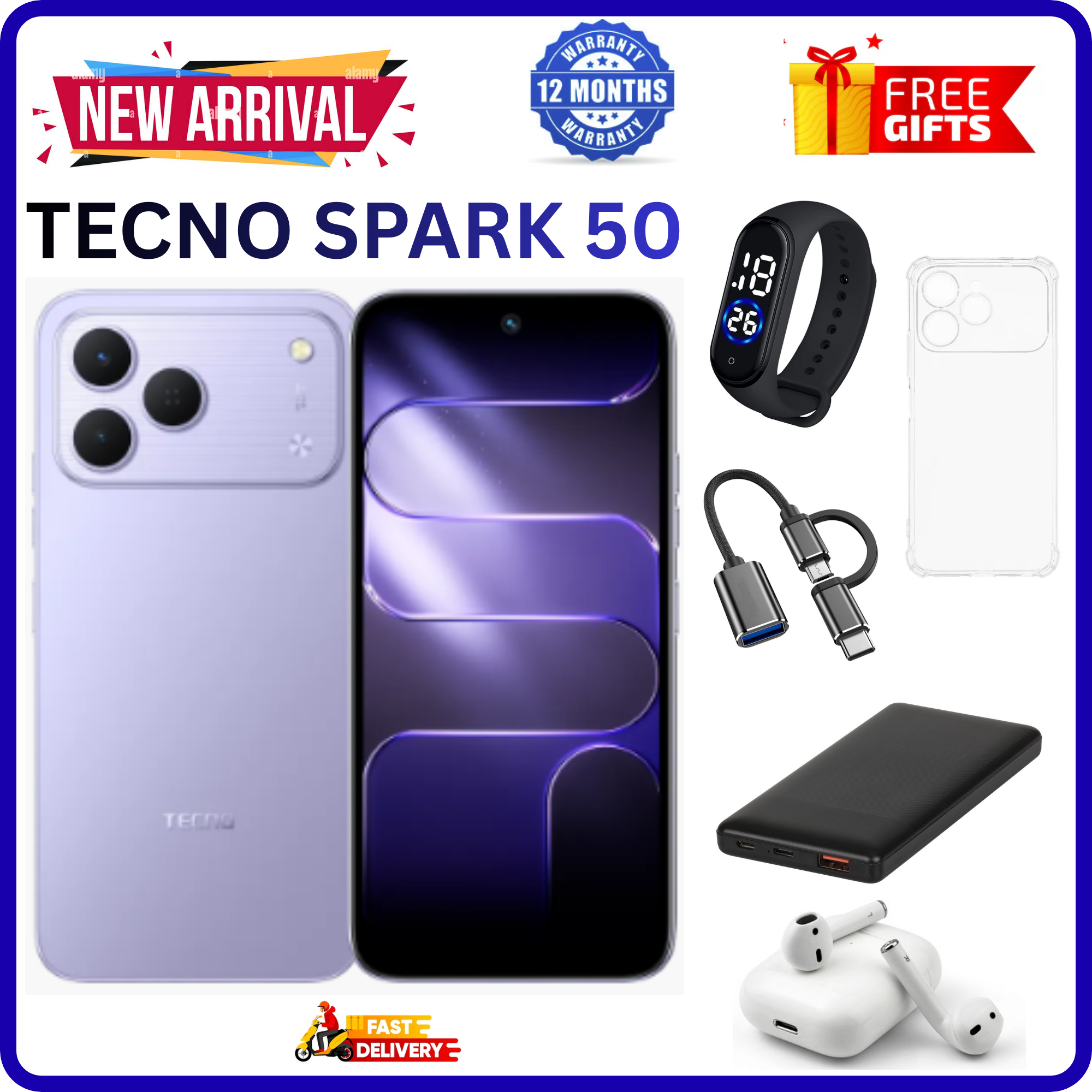 NEW ARRIVALS!!!! BRAND NEW TECNO SPARK 50 4G SMARTPHONE 128GB ROM+ 4GB RAM 6.78" INCH SCREEN 120Hz REFRESH RATE 6700mAh Battery 18W FAST CHARGING, 50MP CAMERA, 8MP