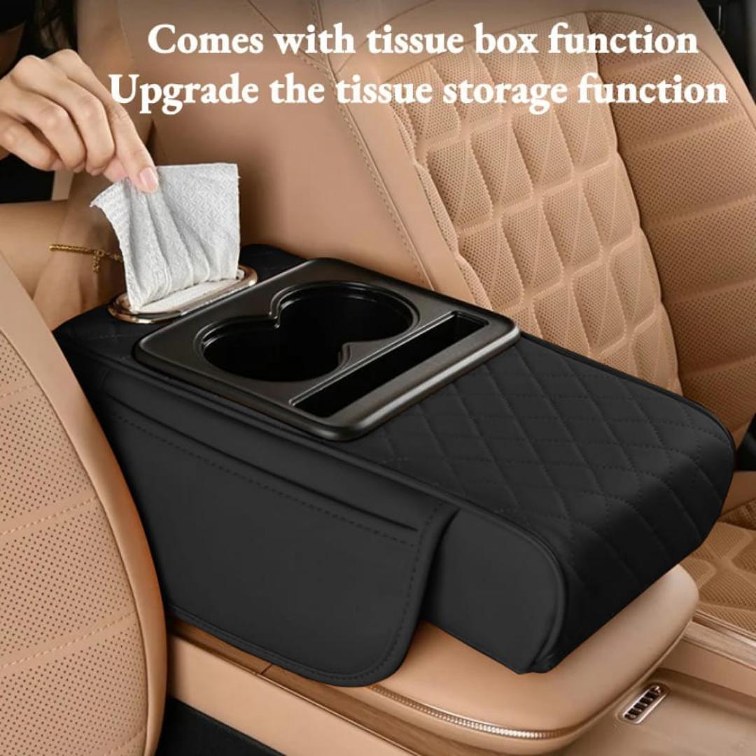 Auto center console armrest cushion with 2 cups holder,tissue holder,side storage 4 in 1 multipurpose