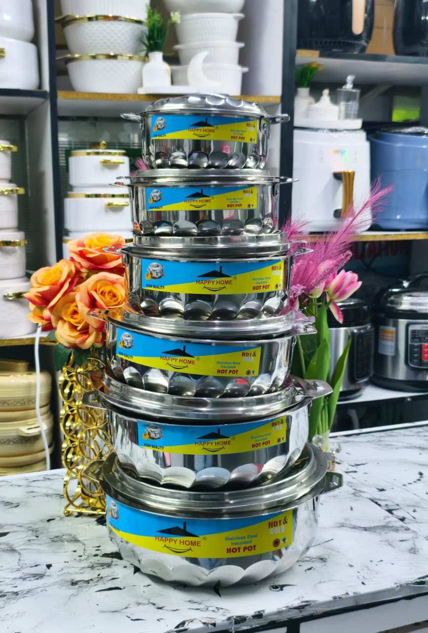 🍲 6PCS Happy Home Stainless Steel Insulated Hotpots Set (500ml | 1000ml | 3500ml | 5000ml | 7500ml | 10000ml) – Premium Double Wall Thermal Casseroles for Hot & Fresh Meals ✨