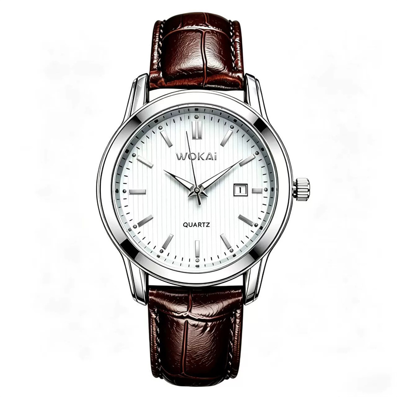 WOKAI 2026 New Men's Business Quartz Watch Brown Croc Embossed Leather Strap Classic Calendar Striped Dial Minimalist Formal Casual Wristwatch