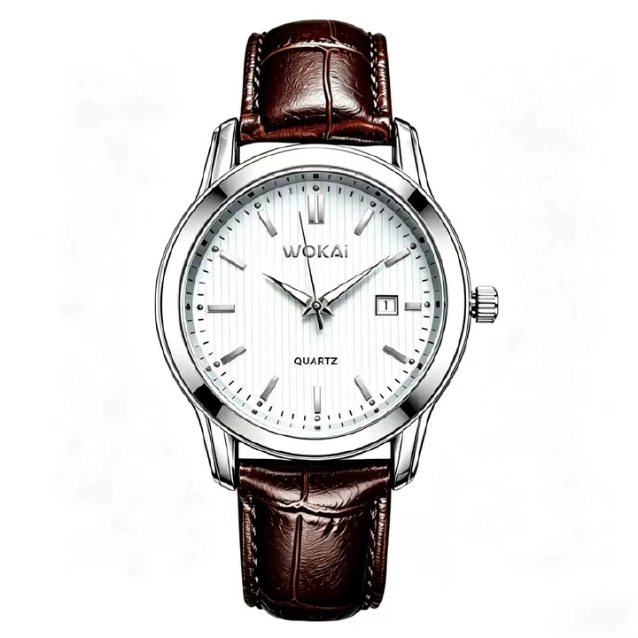 WOKAI 2026 New Men's Business Quartz Watch Brown Croc Embossed Leather Strap Classic Calendar Striped Dial Minimalist Formal Casual Wristwatch
