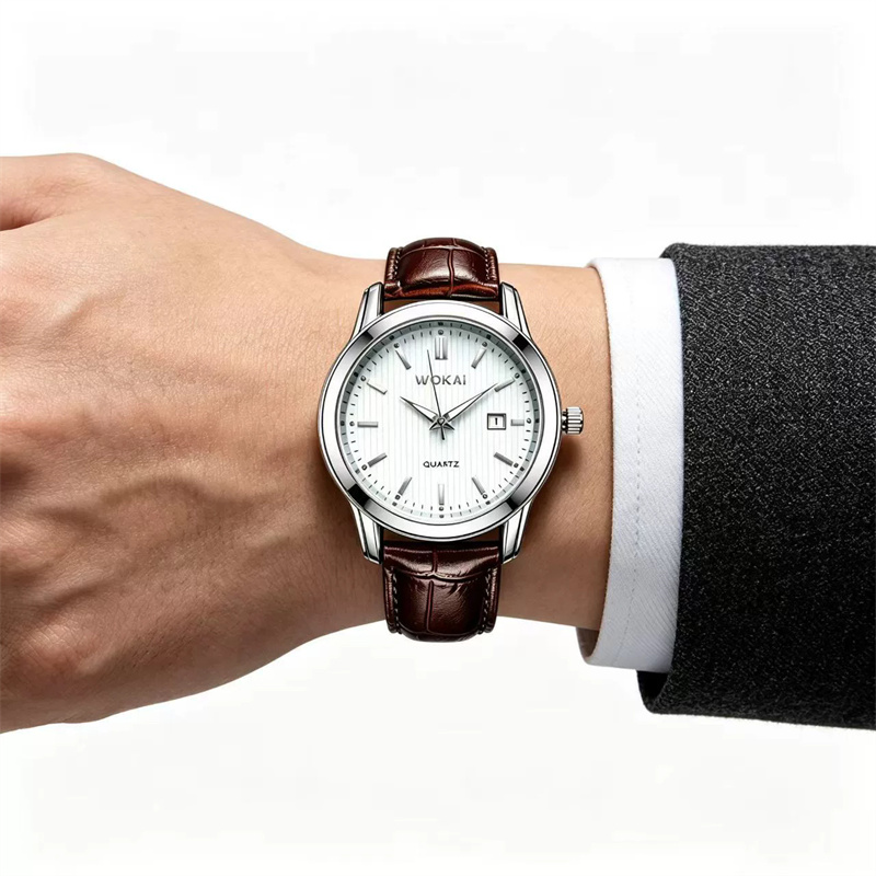 WOKAI 2026 New Men's Business Quartz Watch Brown Croc Embossed Leather Strap Classic Calendar Striped Dial Minimalist Formal Casual Wristwatch