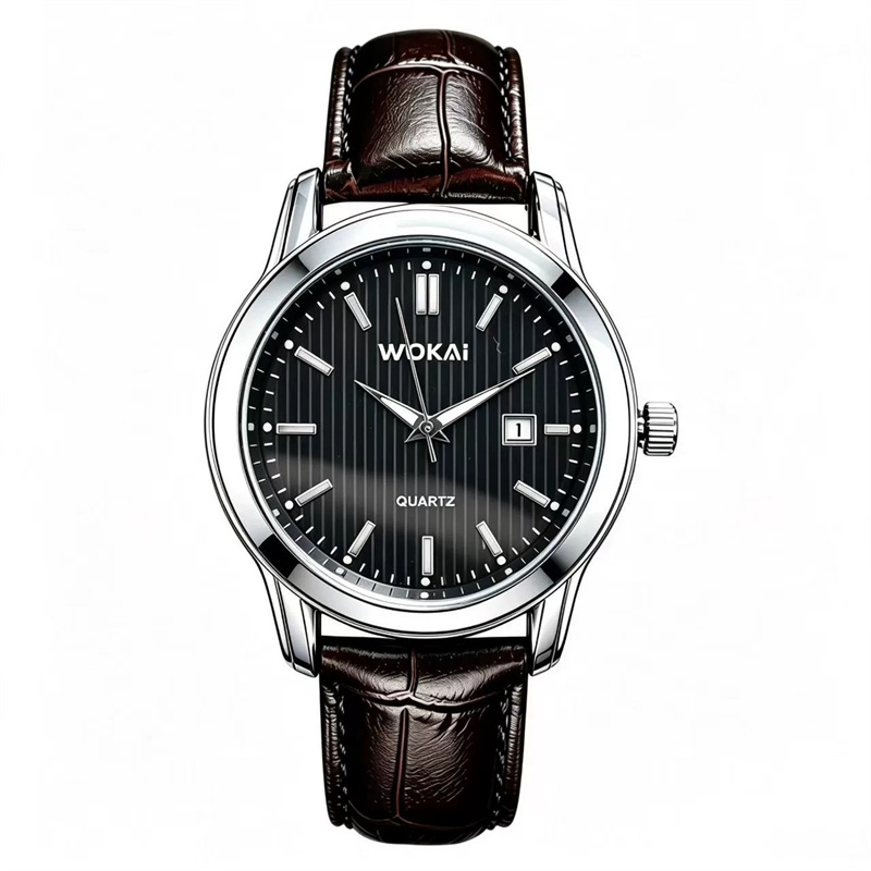 WOKAI 2026 New Men's Business Quartz Watch Brown Croc Embossed Leather Strap Classic Calendar Striped Dial Minimalist Formal Casual Wristwatch