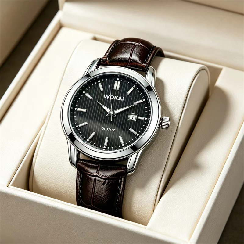 WOKAI 2026 New Men's Business Quartz Watch Brown Croc Embossed Leather Strap Classic Calendar Striped Dial Minimalist Formal Casual Wristwatch