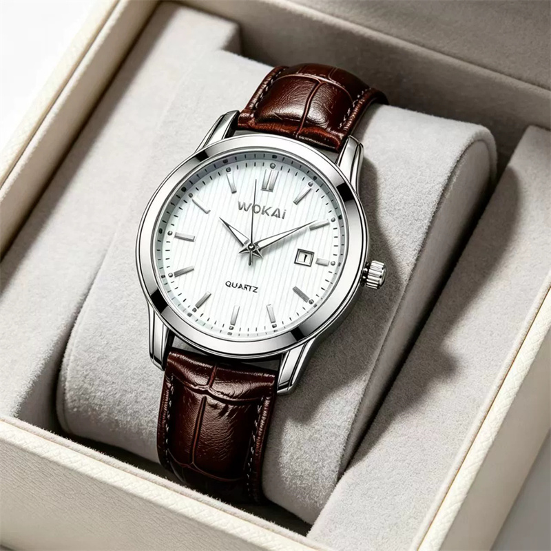 WOKAI 2026 New Men's Business Quartz Watch Brown Croc Embossed Leather Strap Classic Calendar Striped Dial Minimalist Formal Casual Wristwatch