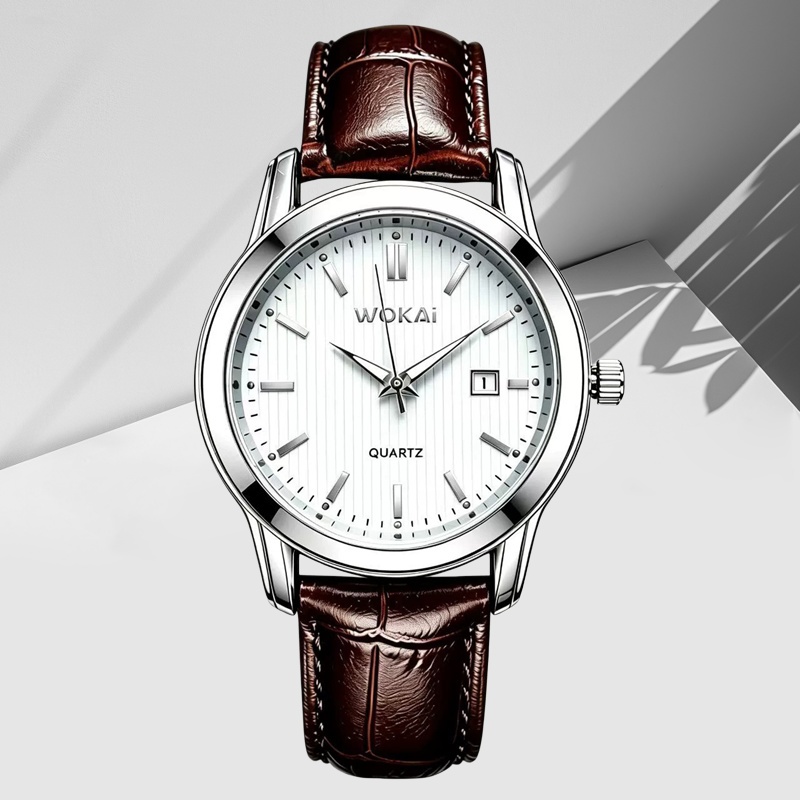 WOKAI 2026 New Men's Business Quartz Watch Brown Croc Embossed Leather Strap Classic Calendar Striped Dial Minimalist Formal Casual Wristwatch