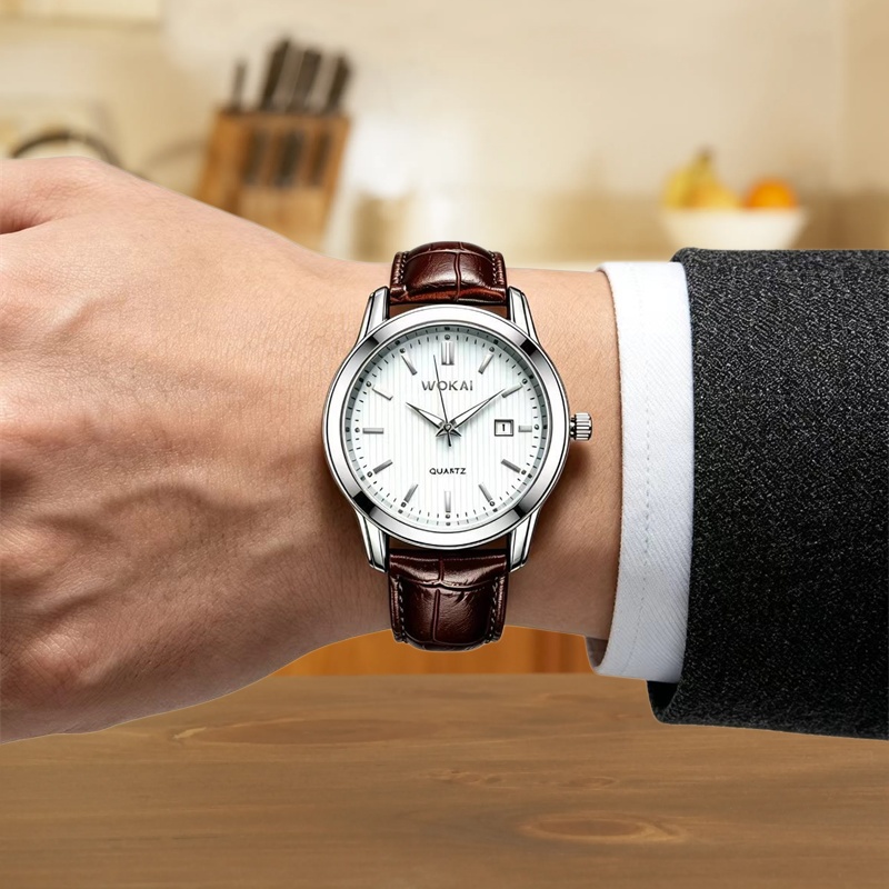WOKAI 2026 New Men's Business Quartz Watch Brown Croc Embossed Leather Strap Classic Calendar Striped Dial Minimalist Formal Casual Wristwatch