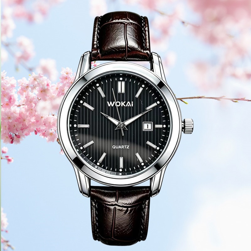 WOKAI 2026 New Men's Business Quartz Watch Brown Croc Embossed Leather Strap Classic Calendar Striped Dial Minimalist Formal Casual Wristwatch