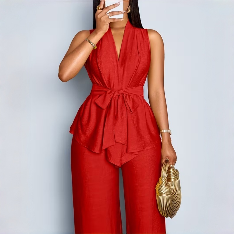Elegant Summer New Women's 2-Piece Outfit Solid Color V Neck Sleeveless Peplum Top and Wide Leg Pants Slim Fit European American Style Two Piece Set